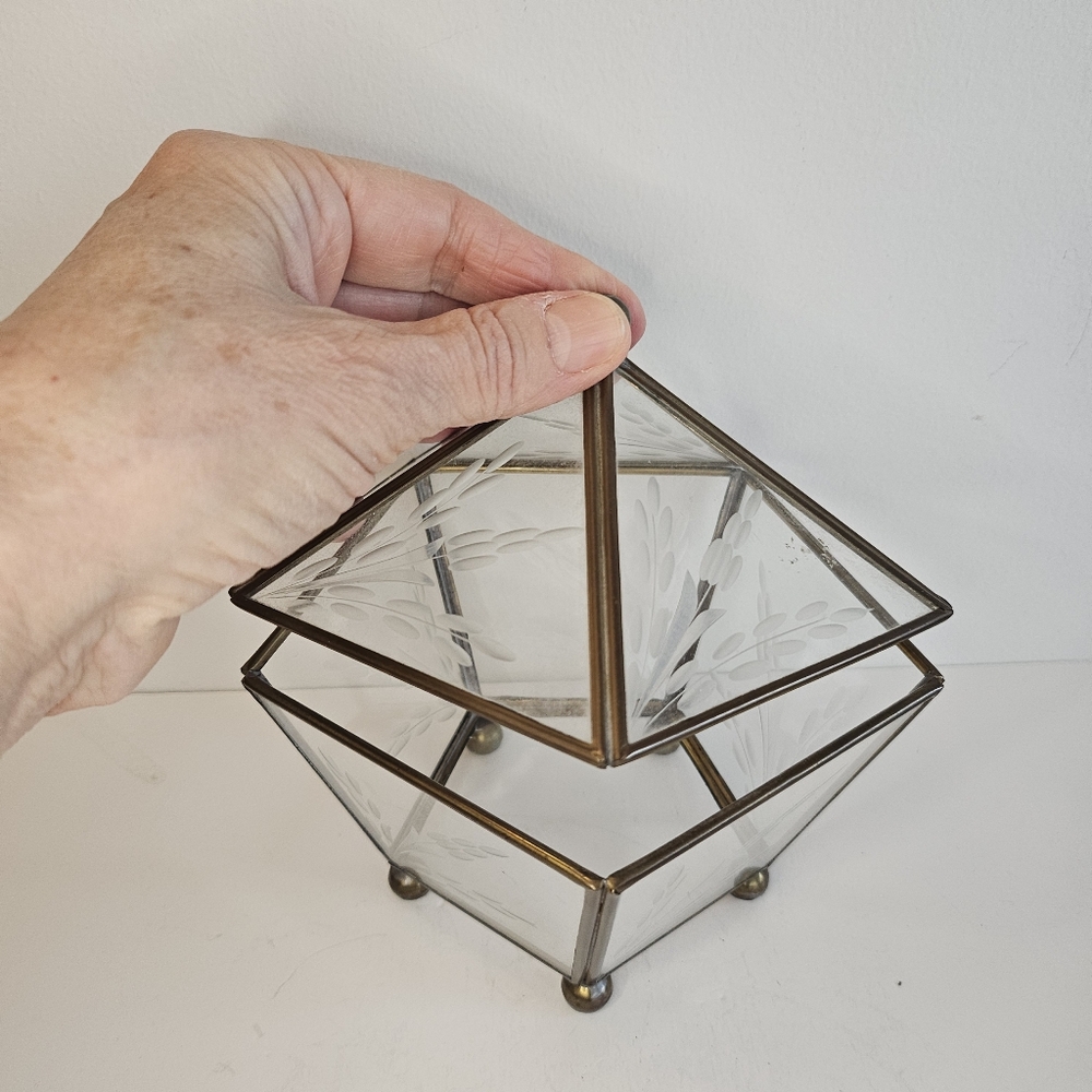 Brass  & Etched Glass Pentagon Terrarium display case Curio jewelry
